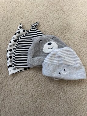 Carter's Grey Bear Knit Hat Set with Black & White Patterned Caps - newborn